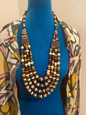 Fashion Multi-Strand Wooden Bead Necklace in Brown and Cream-